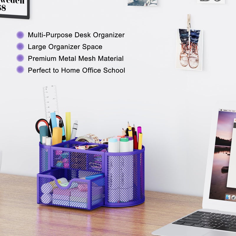 EasyPAG Mesh Pen Holder Desk Organizer with Drawer Stationery Supplies Organizer for Dorm School 9 Compartments Workspace Desk Accessories Organization for Office, Purple - Image 3